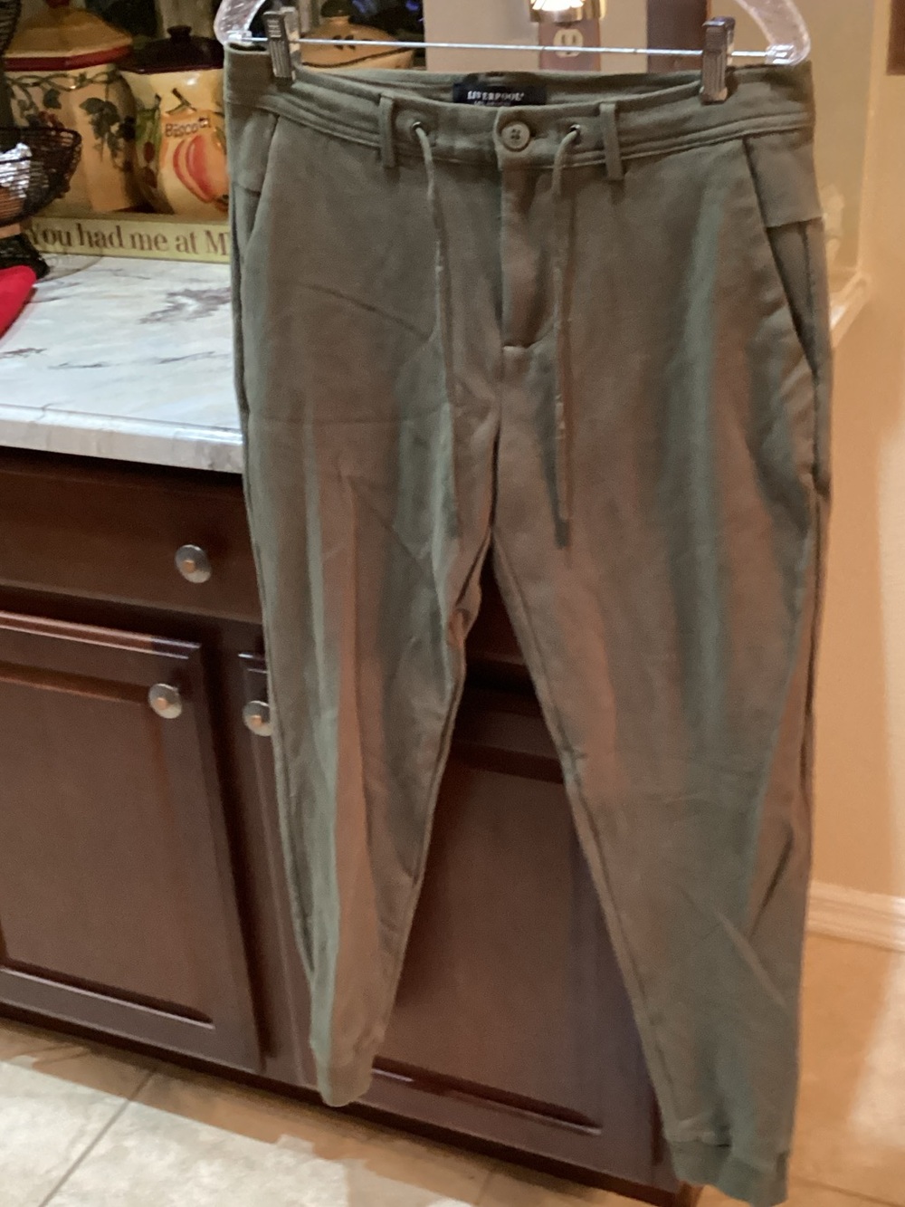 Liverpool Jeans Company Men's Olive Green Jogger Pants Drawstring, Zip, Button